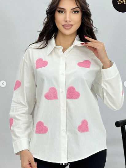 Women's Button Down Collared  Long Sleeve Shirts With 3D Heart Design